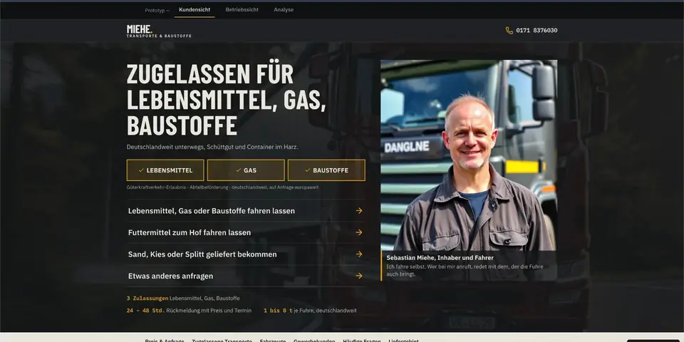 Kundensicht: fertige Website eines Transportunternehmens